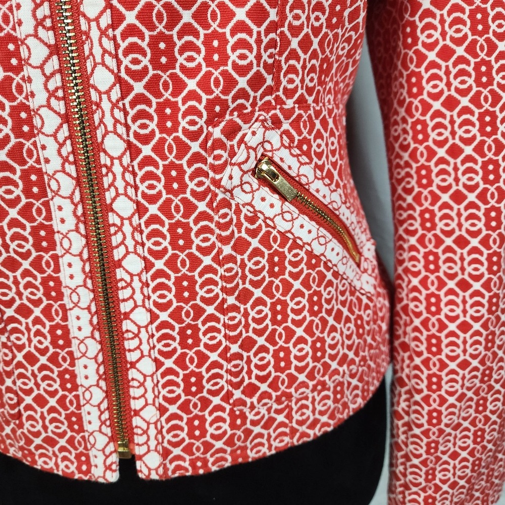 JONES NEW YORK Size Large Red‎ White Jacquard 100% Cotton Full Zip Blazer Jacket - Picture 8 of 13